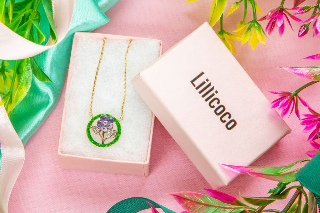 16.5" 15ct Gold Suffragette Diamond Enamel Pansy Necklace, Green & Violet Enamel