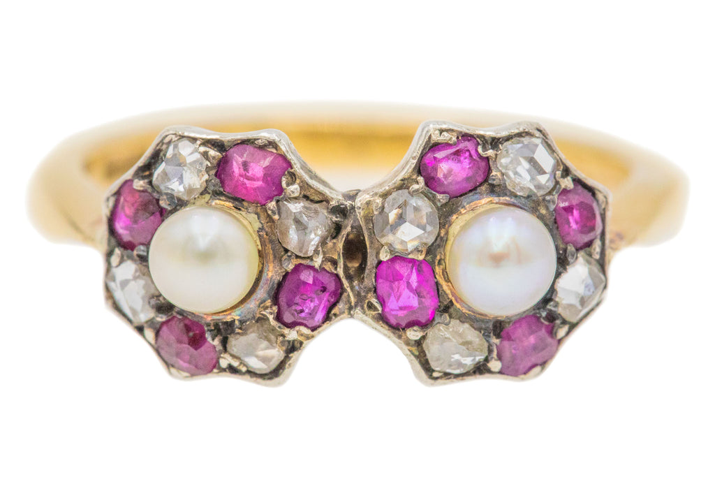 Edwardian 18ct Gold Ruby Diamond Pearl "Toi et Moi" Cluster Ring