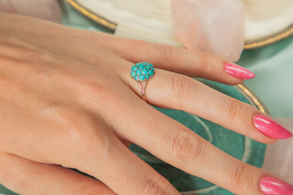 Antique 9ct Gold & Silver Turquoise 'Bombe' Ring