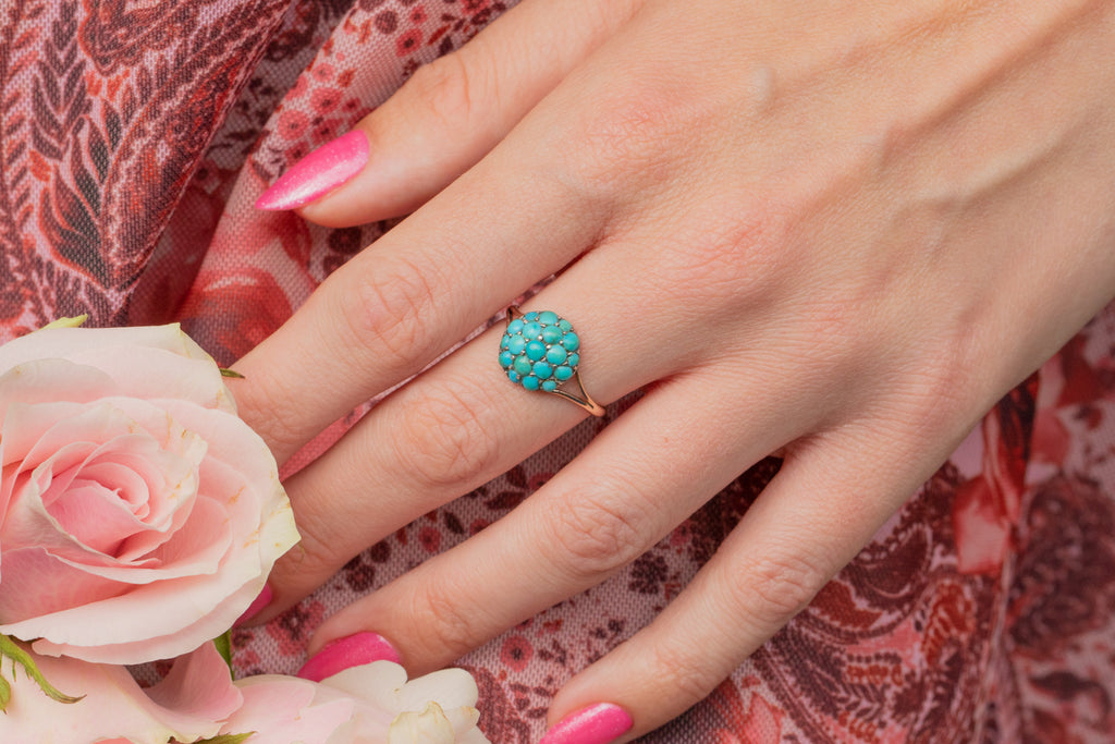 Antique 9ct Gold & Silver Turquoise 'Bombe' Ring