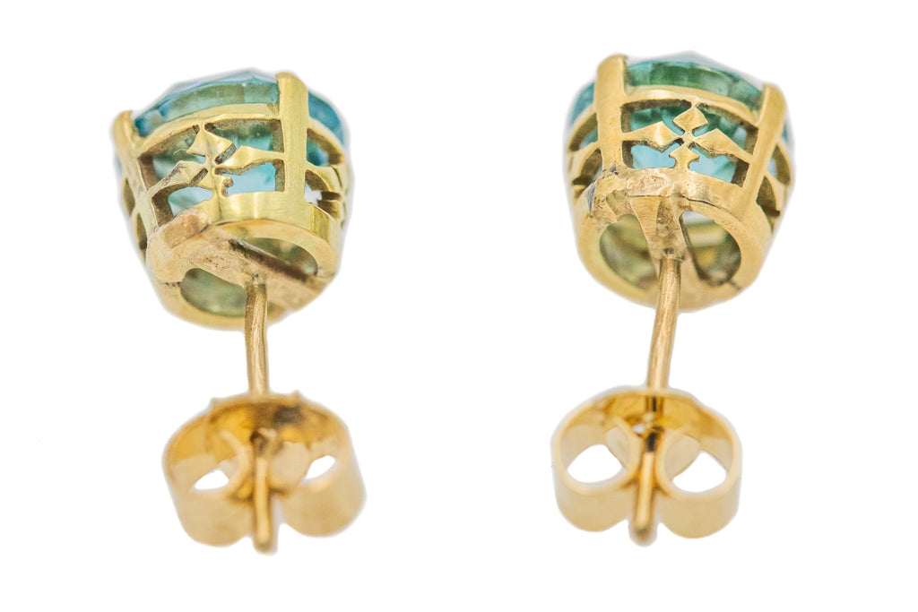 Art Deco 9ct Gold Blue Zircon Stud Earrings, 3.60ct