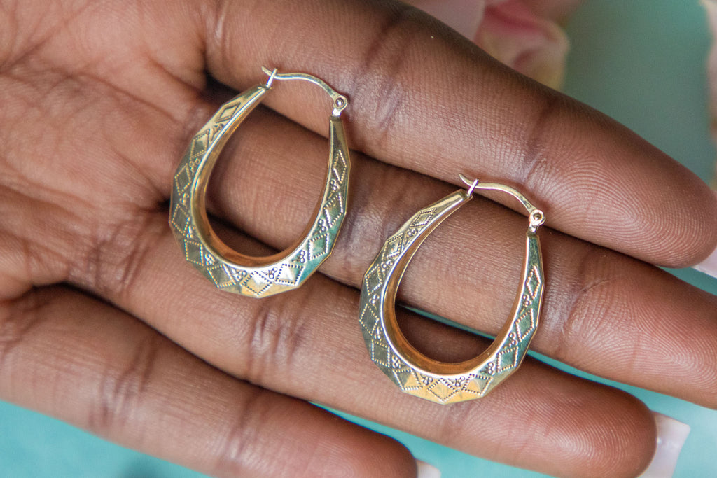 9ct Gold Engraved Oval Hoop Earrings