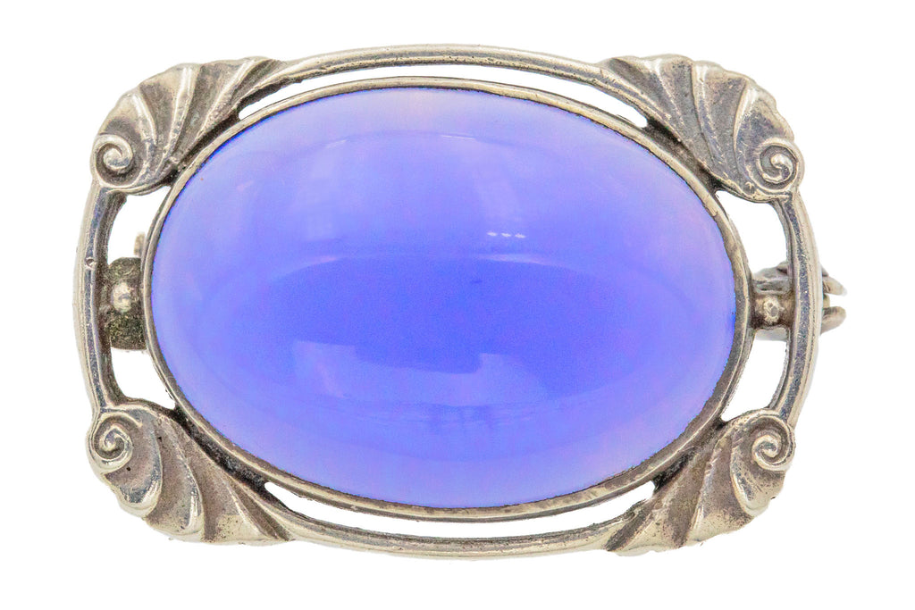 Art Deco Silver Chalcedony Oval Brooch