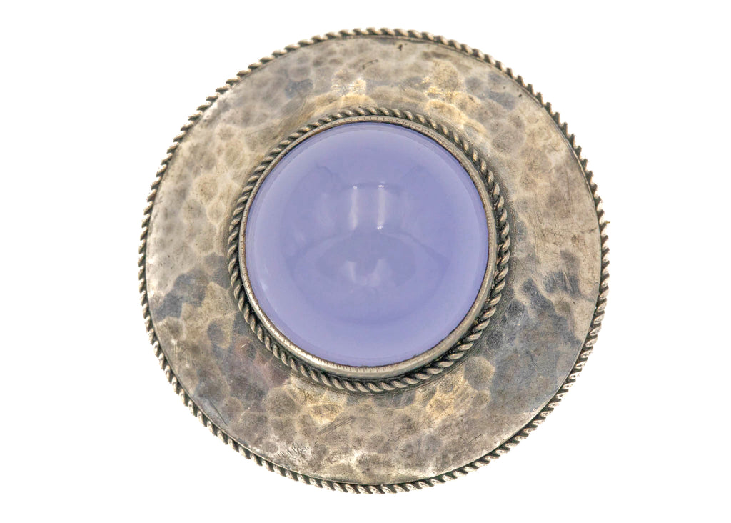 Antique Silver Blue Chalcedony Round Brooch