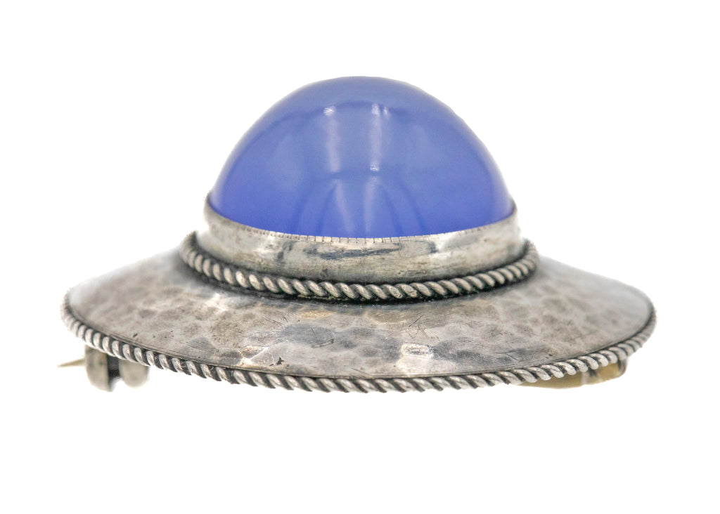 Antique Silver Blue Chalcedony Round Brooch