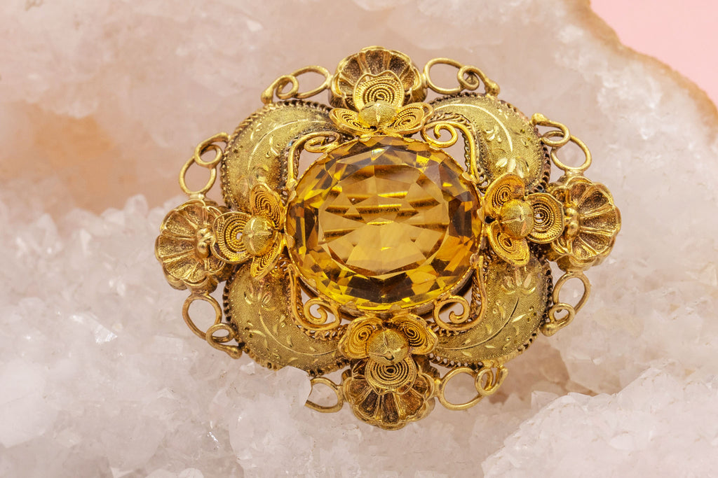 Victorian 15ct Gold Cannetille Citrine Brooch, 6.22ct