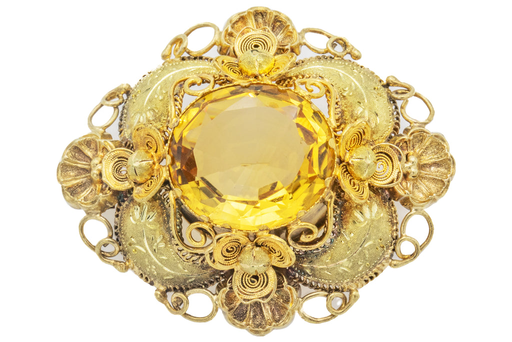 Victorian 15ct Gold Cannetille Citrine Brooch, 6.22ct