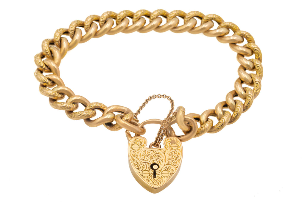 7" Antique 15ct Gold Engraved Curb Link Bracelet with Heart Padlock, 25g