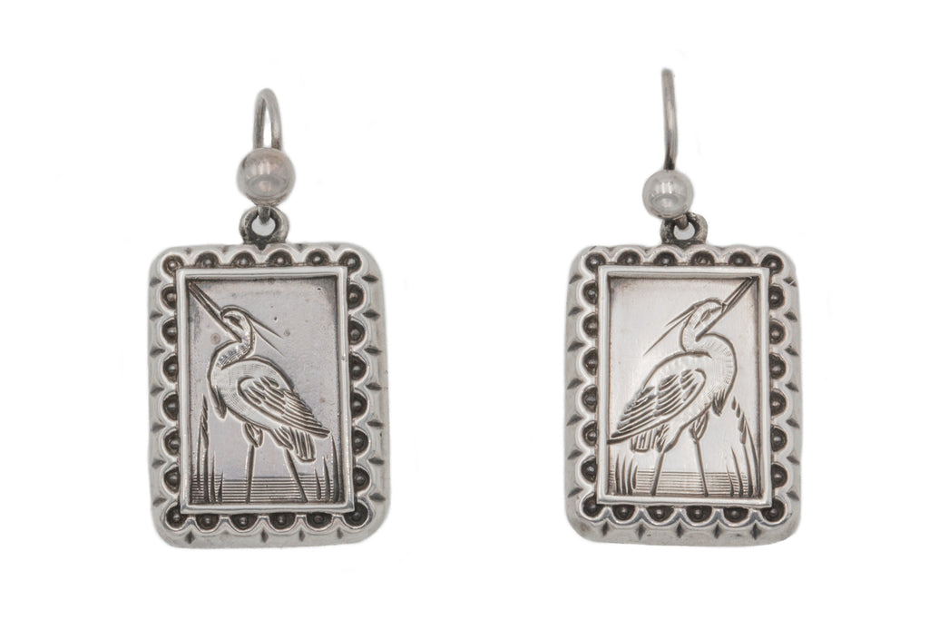 Victorian Silver Stork Motif Earrings