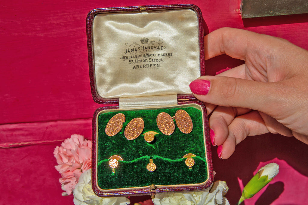 Victorian 9ct Gold Cuff Links & Dress Stud Set in Original Box, James Hardy & Co