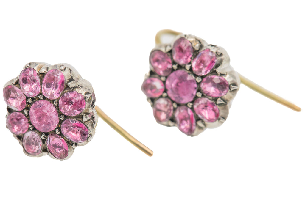 Georgian Pink Paste Cluster Flower Earrings, 14ct Gold Hooks