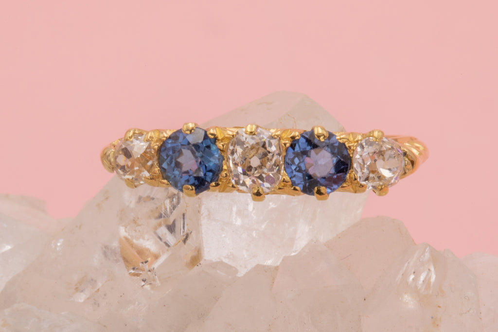 Antique 18ct Gold Sapphire Diamond Five Stone Ring