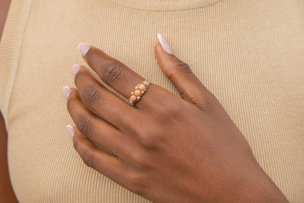 12ct Gold Coral & Pearl Engraved Ring