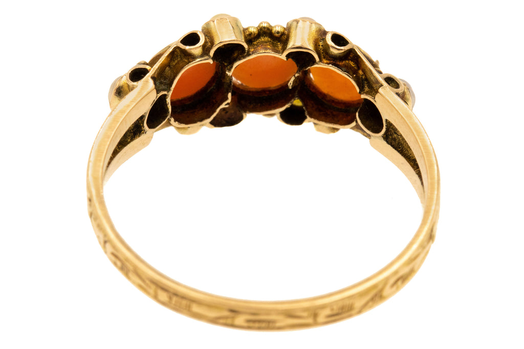 12ct Gold Coral & Pearl Engraved Ring