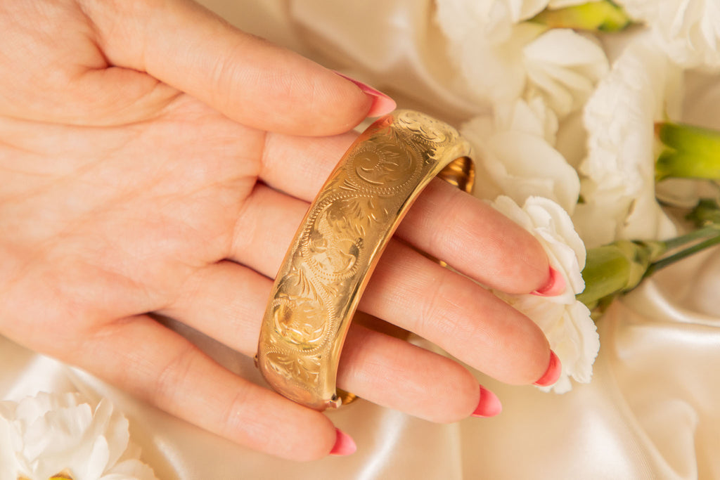7" 12ct Rolled Gold Engraved Bangle, Rounded Profile