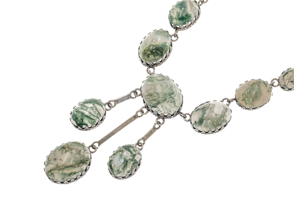17" Antique Silver Moss Agate Fringe Drop Necklace