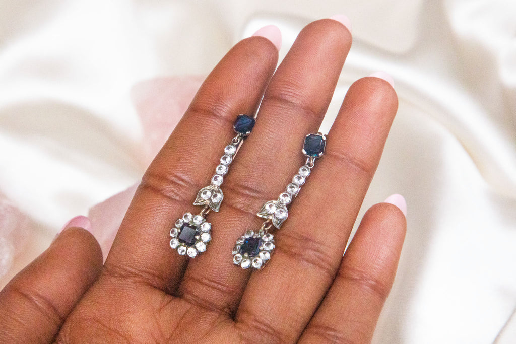 Antique White & Blue Sapphire Drop Earrings, 3.10ct