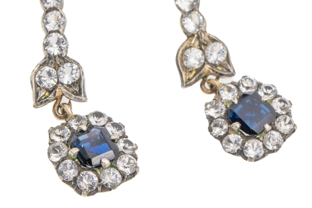 Antique White & Blue Sapphire Drop Earrings, 3.10ct