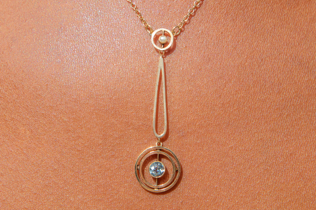 15.5" Edwardian 9ct Gold Aquamarine "Target" Drop Necklace, 0.28ct