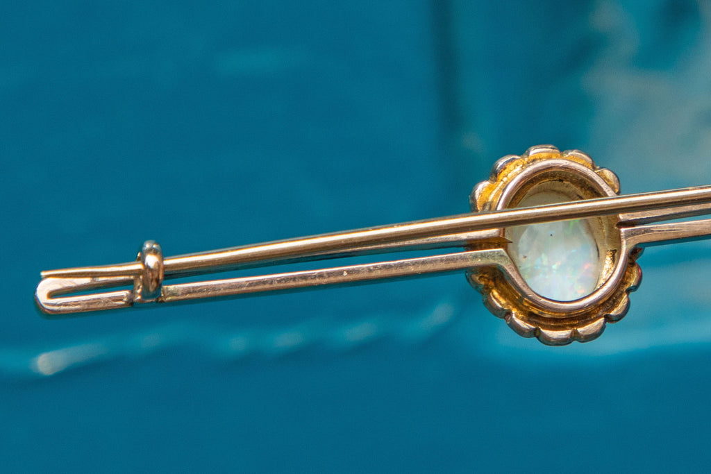 Antique 9ct Gold Opal & Pearl Cluster Bar Brooch, 0.75ct