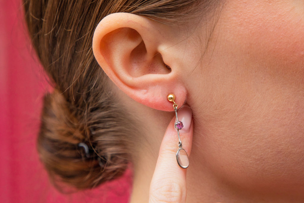 Edwardian Moonstone & Pink Tourmaline Earrings, 3.50ct Moonstone