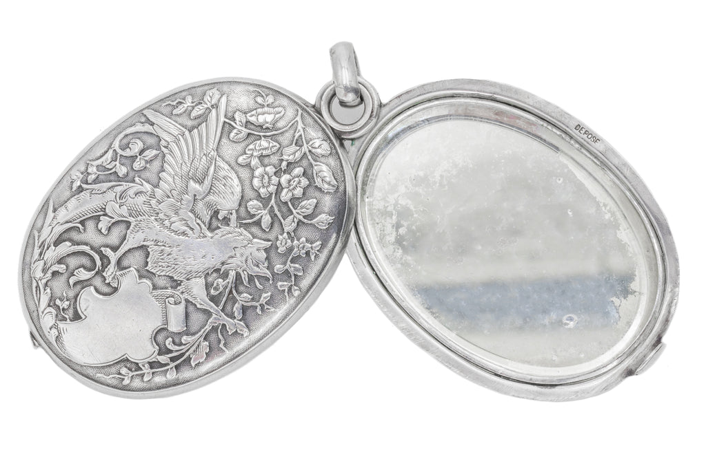 Large French Silver Griffin Repoussé Mirror Slide Pendant