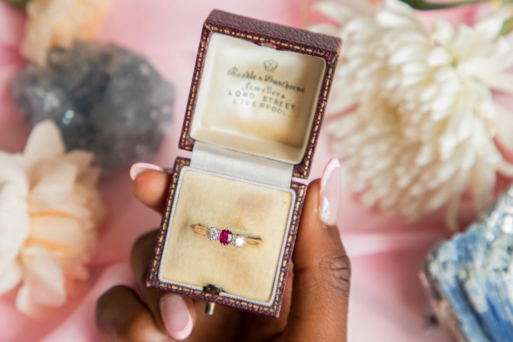 Art Deco 18ct Gold Ruby Diamond Trilogy Ring - BOODLE & DUNTHORNE Original Box