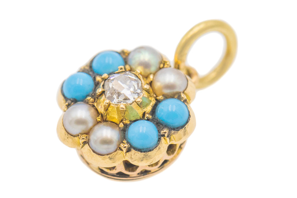 Antique 15ct Gold Diamond Pearl & Turquoise Cluster Pendant