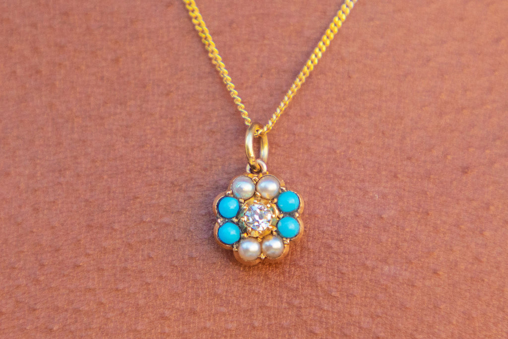 Antique 15ct Gold Diamond Pearl & Turquoise Cluster Pendant