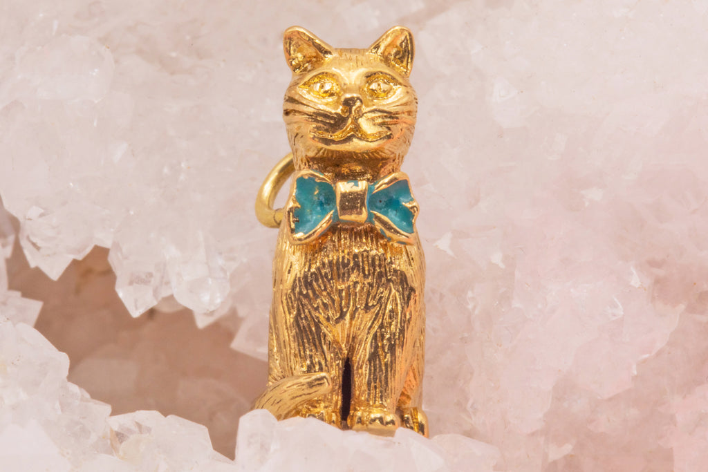 Solid 9ct Gold Enamel Cat Charm, 5.2g