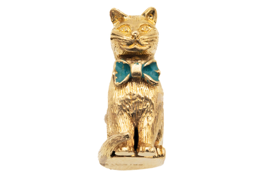 Solid 9ct Gold Enamel Cat Charm, 5.2g