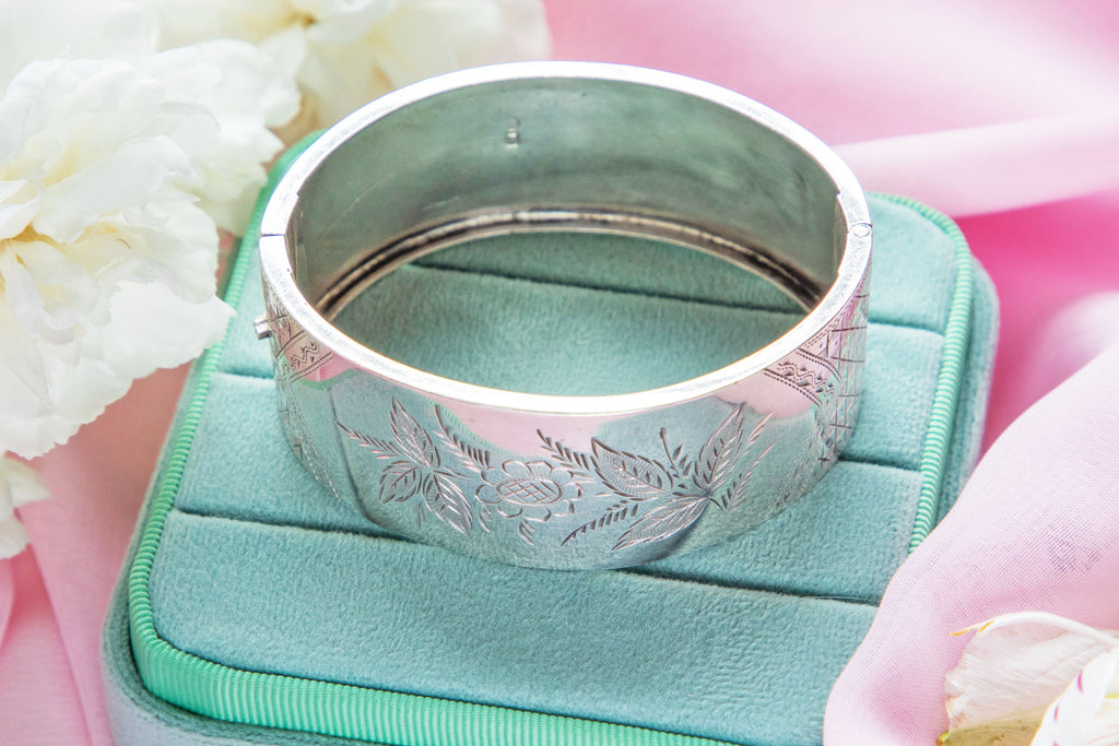 7" Silver Victorian Aesthetic Engraved Bangle