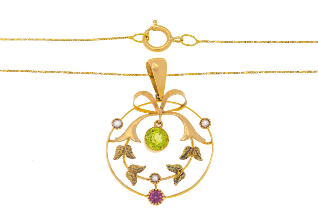 Edwardian 9ct Gold Suffragette Pendant- Peridot, Pearl, Ruby, with 16"-18" Chain