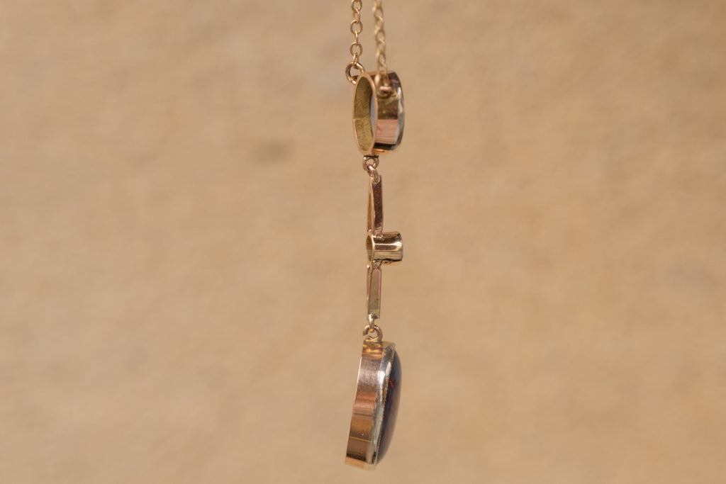 16" Art Deco 9ct Gold Black Opal Diamond Integral Necklace, 2.00ct Opal