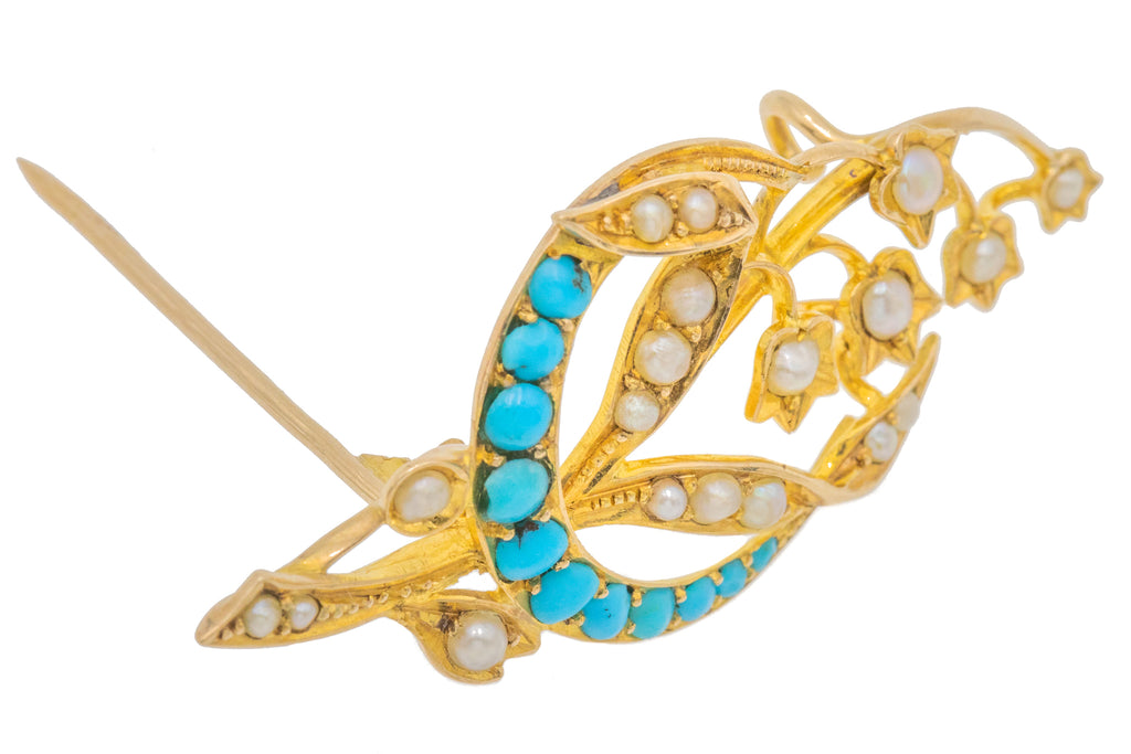 Antique 9ct Gold Turquoise & Pearl Brooch