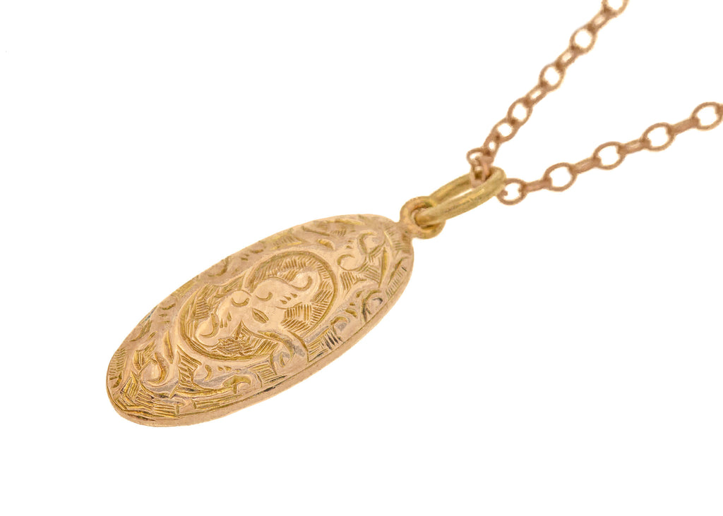 Antique 15ct Gold Engraved Pendant, with 18" 9ct Rose Gold Belcher Chain