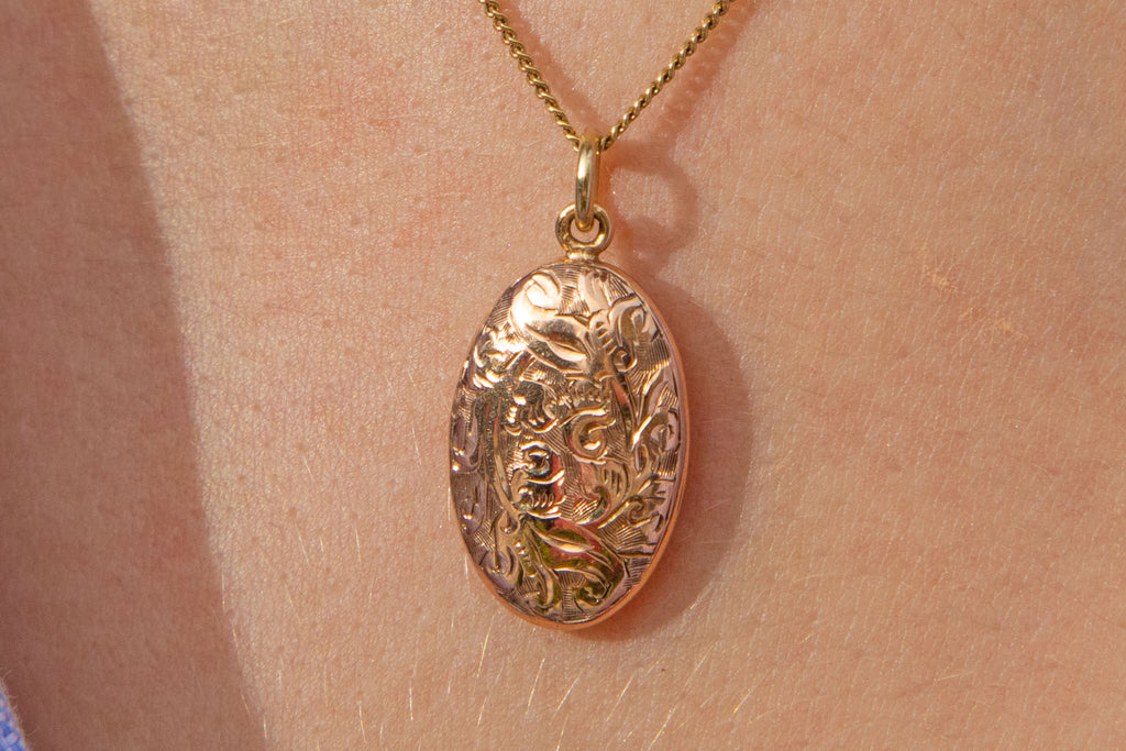 Antique 10ct Gold Engraved Oval Pendant