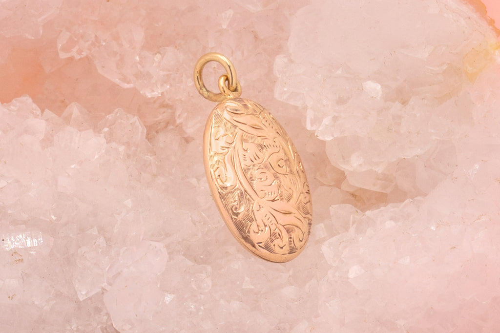 Antique 10ct Gold Engraved Oval Pendant