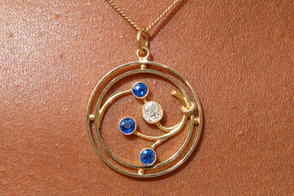 Art Nouveau 18ct Gold Sapphire Diamond Pendant - 0.25ct Diamond
