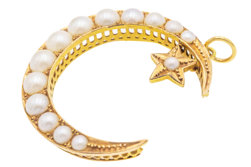 15ct Gold Pearl Crescent & Star Pendant