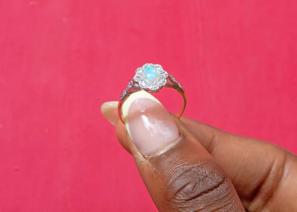 Edwardian 18ct Gold Opal Diamond Cluster Ring - 18ct & Plat