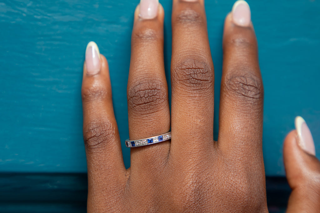 Art Deco French Cut Sapphire & Diamond Platinum Eternity Ring, 0.30ct Diamond