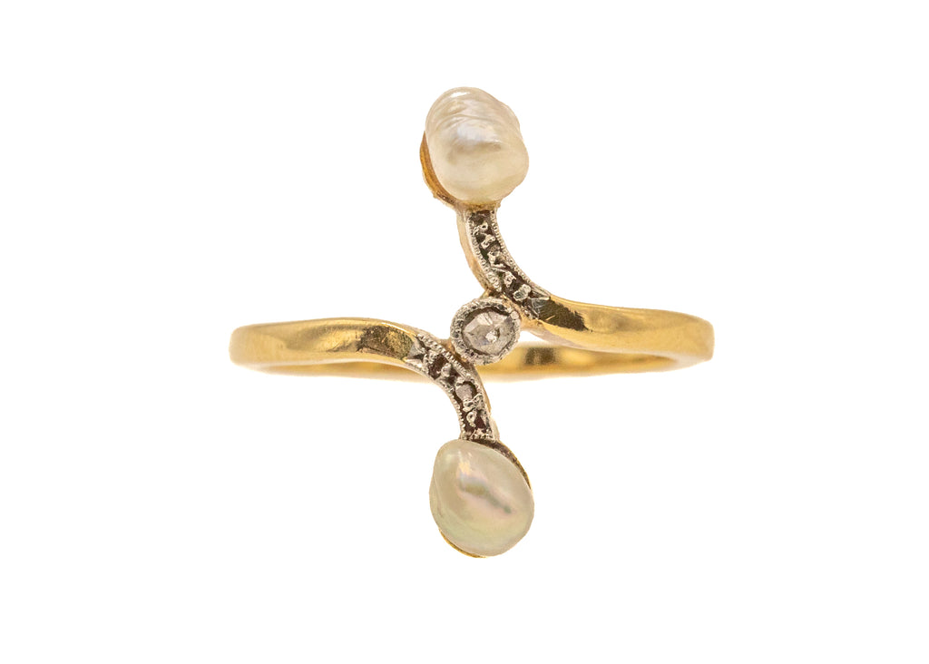 Belle Époque 18ct Gold Diamond & Baroque Pearl Bypass Ring