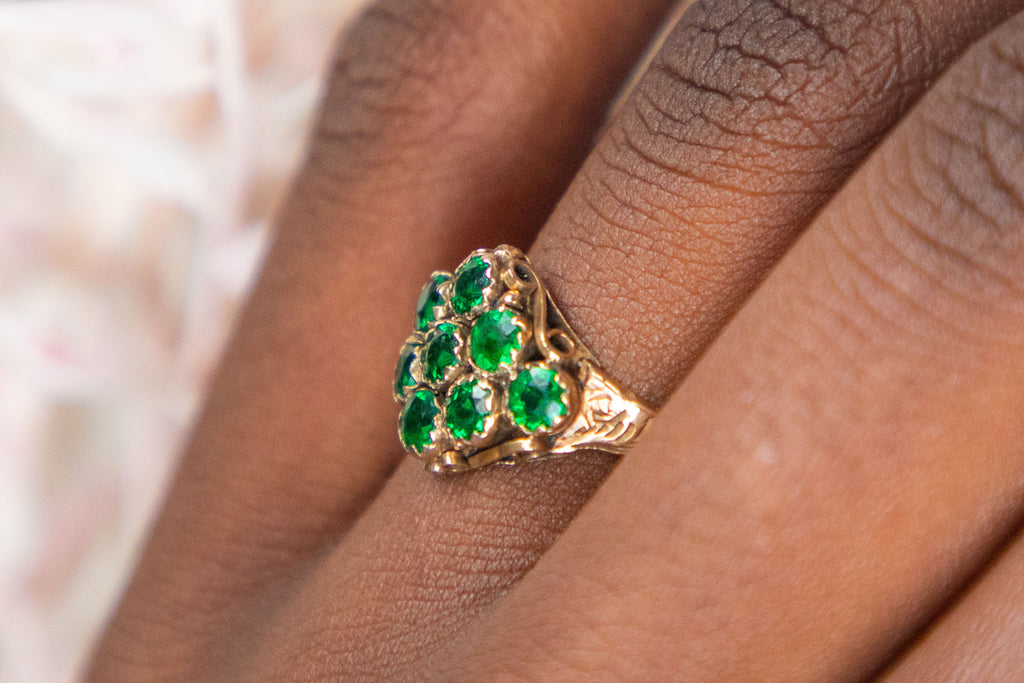 Antique 9ct Gold Emerald Paste Cluster Ring