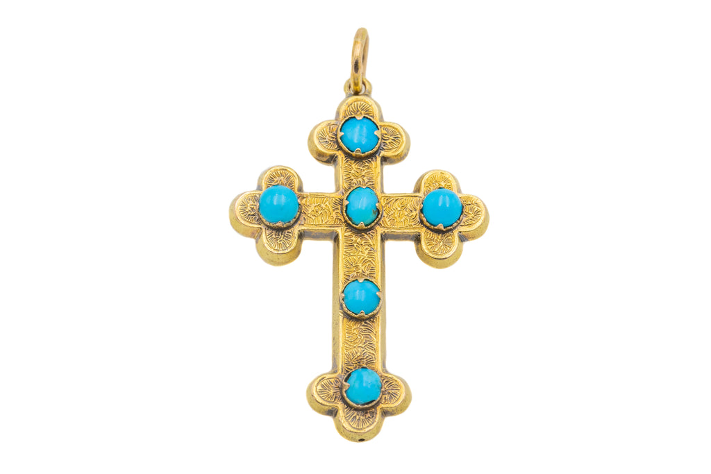 Antique 18ct Gold Turquoise Fancy Cross Pendant