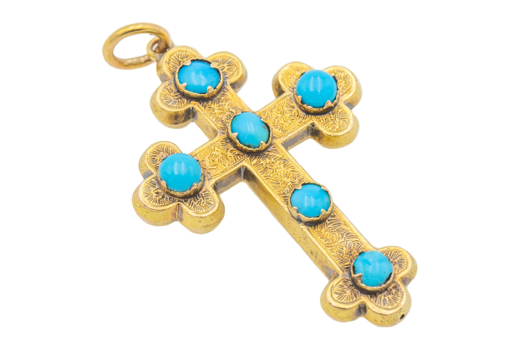 Antique 18ct Gold Turquoise Fancy Cross Pendant