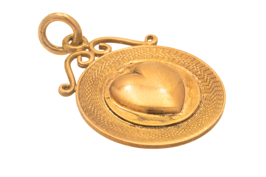 Art Deco 9ct Gold Heart Medal Pendant, 6g