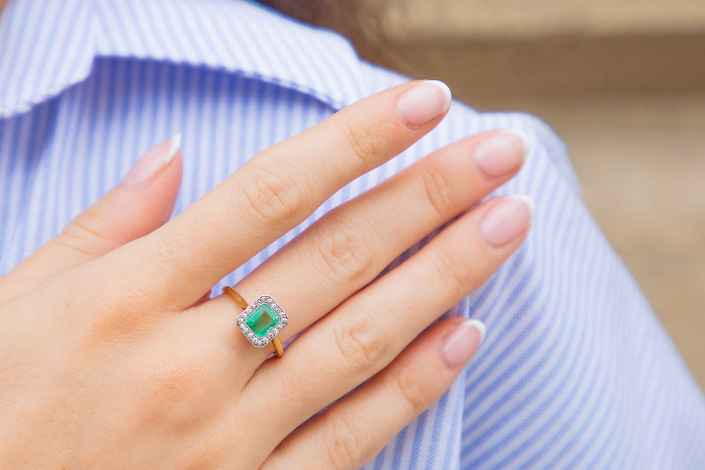 Edwardian 18ct Gold Emerald Diamond Cluster Ring - 0.95ct Emerald