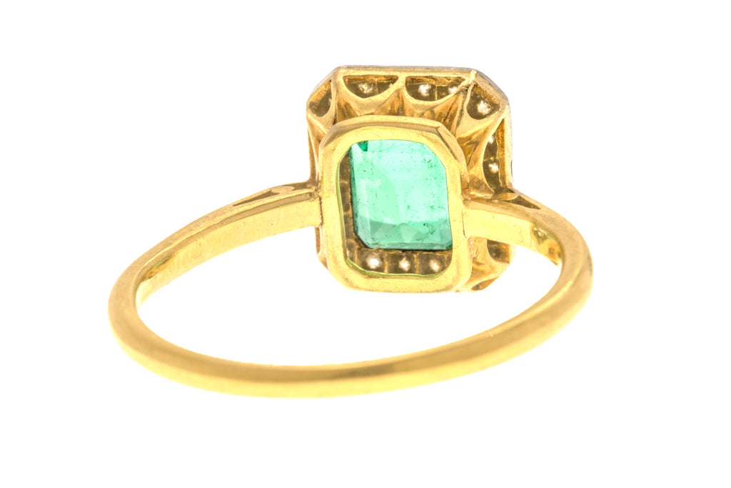Edwardian 18ct Gold Emerald Diamond Cluster Ring - 0.95ct Emerald