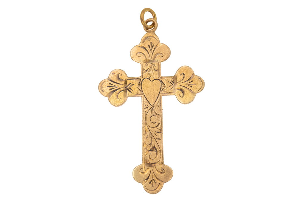 Victorian 9ct Gold Heart Engraved Cross Pendant